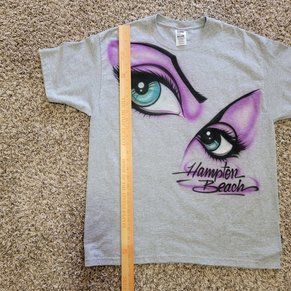 Fruit of the Loom Hampton Beach Airbrush Eye Makeup Heather Grey Gray Purple Tee - Picture 8 of 11